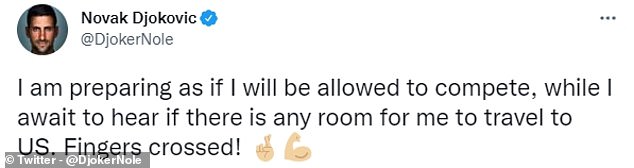 Novak Djokovic said he remains hopeful he will be allowed to play at the US Open in August