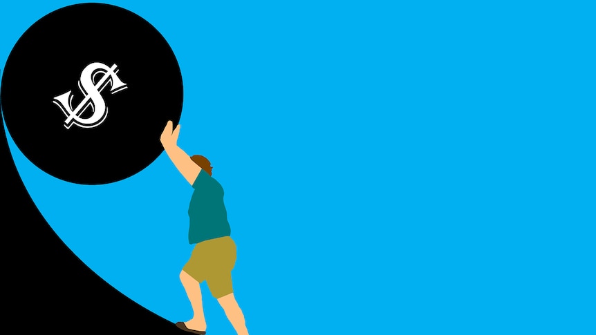 A person pushing a big ball with a dollar sign on it up a steep slope.