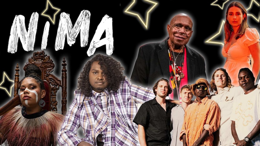 A collage of National Indigenous Music Awards 2022 winners Barkaa, Baker Boy, Archie Roach, King Stingray, Jem Cassar-Daley