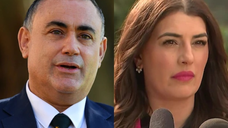 A composite of two headshots, with the man on the left in a navy suit and the woman on the right speaking to media