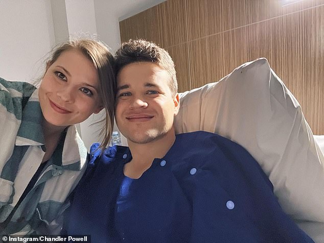 Bindi Irwin's husband Chandler Powell had his tonsils removed this week.  He shared a picture of himself and Bindi, 24, smiling from his hospital bed after the procedure
