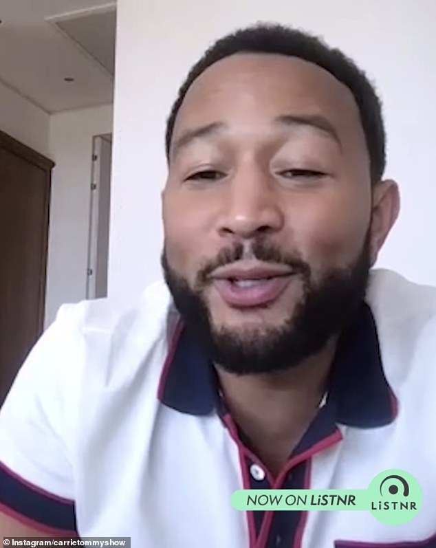 Pregnant Chrissy Teigen showed off her growing baby bump as she crashed her husband John Legend's (pictured) live interview