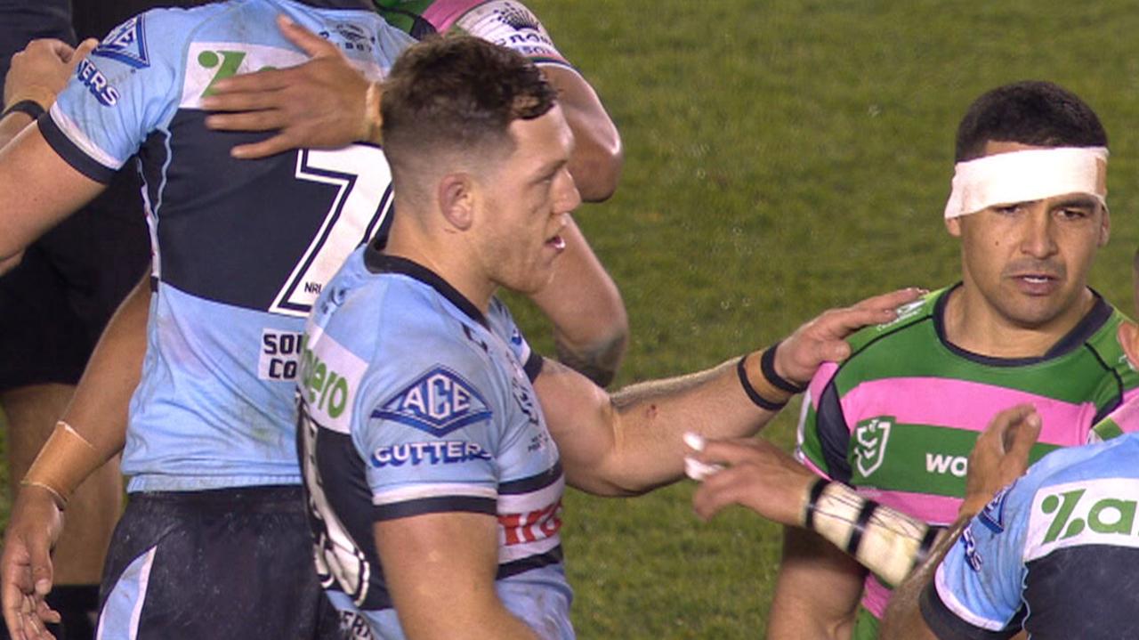 Cody Walker brushes Cameron McInnes, hand shake, South Sydney Rabbitohs vs Cronulla Sharks, Cody Walker temper