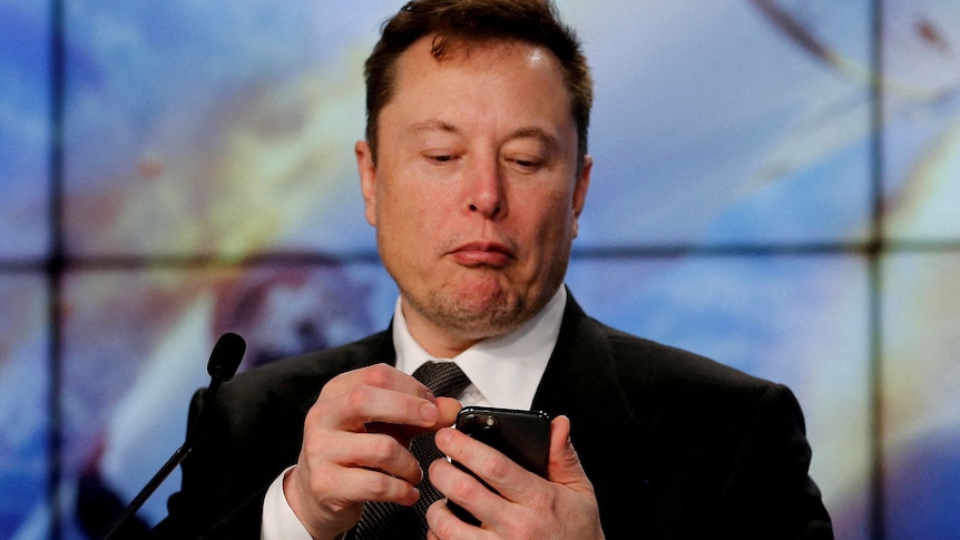 Elon Musk looks down at his smartphone.