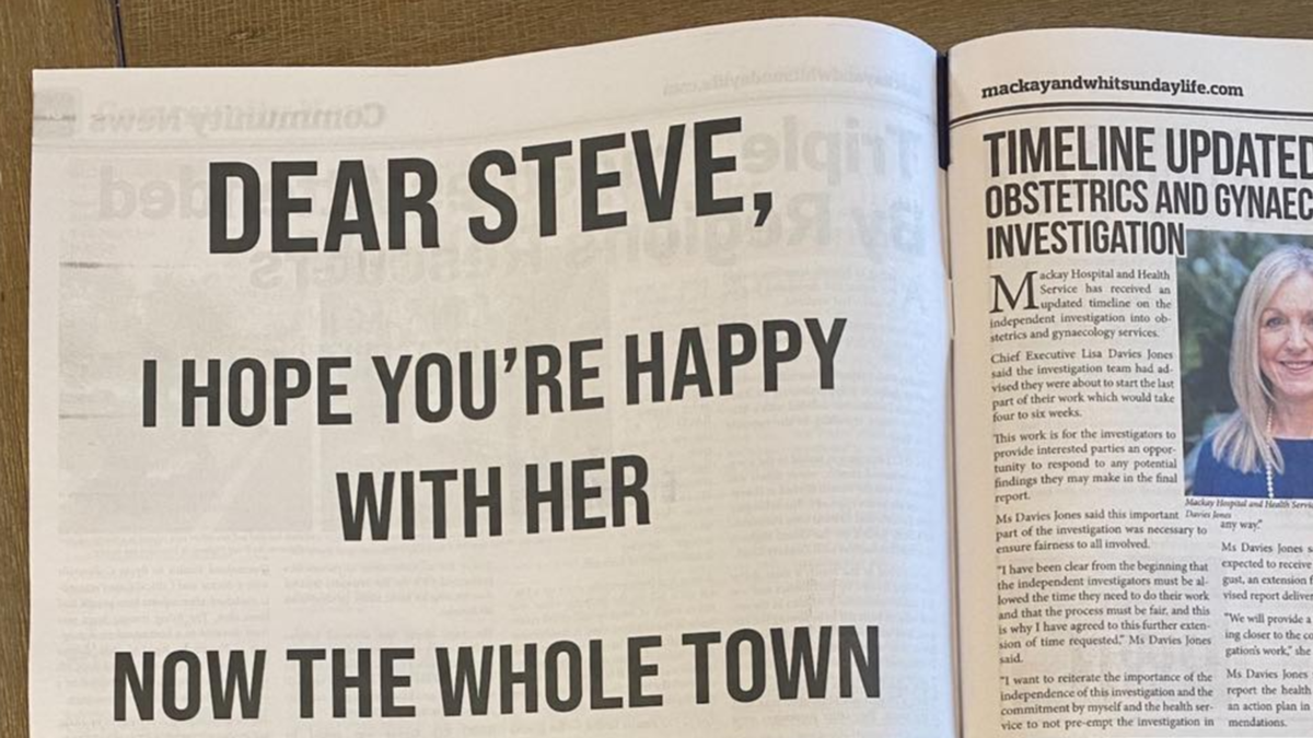 'Filthy cheater' exposed in full-page Mackay And Whitsunday Life newspaper ad