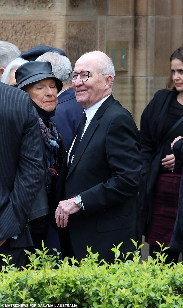 Gogglebox star Di Kershaw has been farewelled at a funeral at Sydney's Garrison Church in Millers Point.  Her husband and fellow Goggleboxer Mick Kershaw is pictured at the service