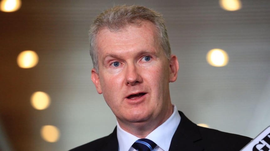 Tony Burke wears a black suit and blue tie with red pin as he speak to media at Parliament House.