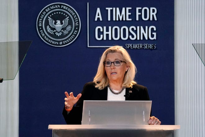 Rep. Liz Cheney, R-Wyo., vice chair of the House Select Committee investigating the Jan. 6 US Capitol insurrection, delivers her "Time for Choosing" speech at the Ronald Reagan Presidential Library and Museum Wednesday, June 29, 2022, in Simi Valley, Calif.  The speech is part of a series focusing on the conservative movement to address critical questions facing the future of the Republican Party.