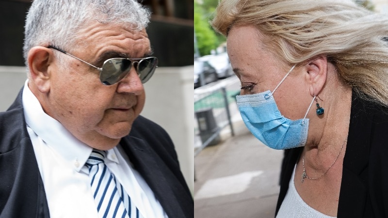 Two images of man in suit and sunglasses and woman in blue mask with blonde hair blowing in wind.