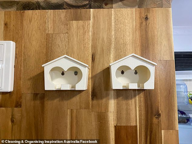 Seeking advice, Ruth shared images to a popular Australian Facebook group after she was left scratching her head over two house-shaped objects stuck to a wall in her new rental (pictured).  Many were quick to guess if the item was a broom and umbrella holder or dog lead holder, but both were incorrect