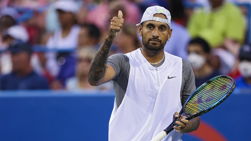 Australia's Nick Kyrgios gives a thumbs-up to the crowd after a match.