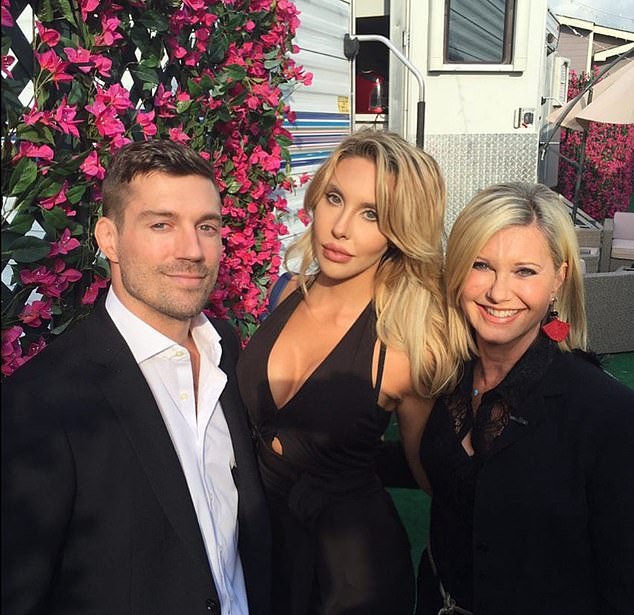 Chloe Lattanzi (centre) and fiancé James Driskill (left) moved in with her cancer-stricken mother Olivia Newton-John (right) just two weeks before her tragic death on Monday