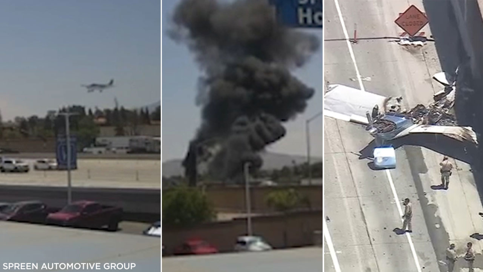 Plane crashes into pickup truck on 91 Freeway in Corona, bursts into flames