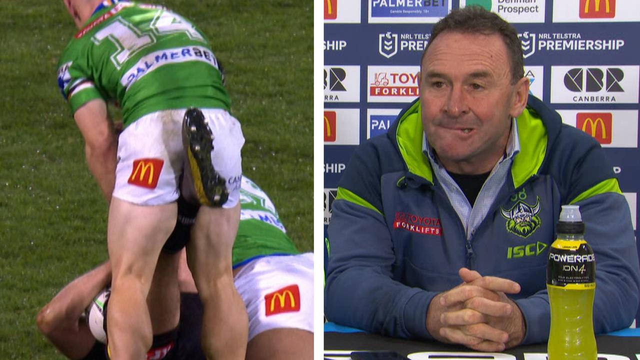 Ricky Stuart calls Jaeman Salmon a weak gutted dog, kick to groin, Tom Starling, Raiders vs Panthers, Round 21