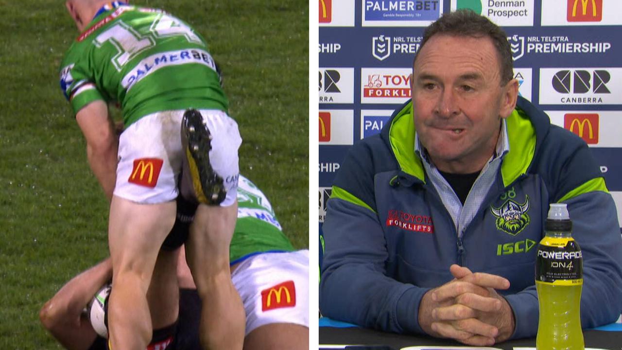 Ricky Stuart calls Jaeman Salmon a weak gutted dog, press conference video, Raiders vs Panthers, NRL news, scores