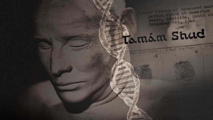 A graphic of the Somerton Man's face, a DNA strand and a book.