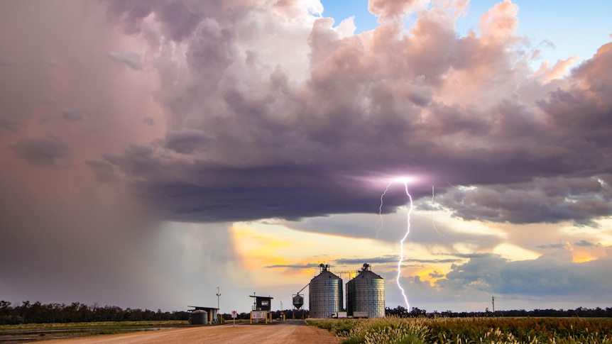 A lighting strike near grain silos
