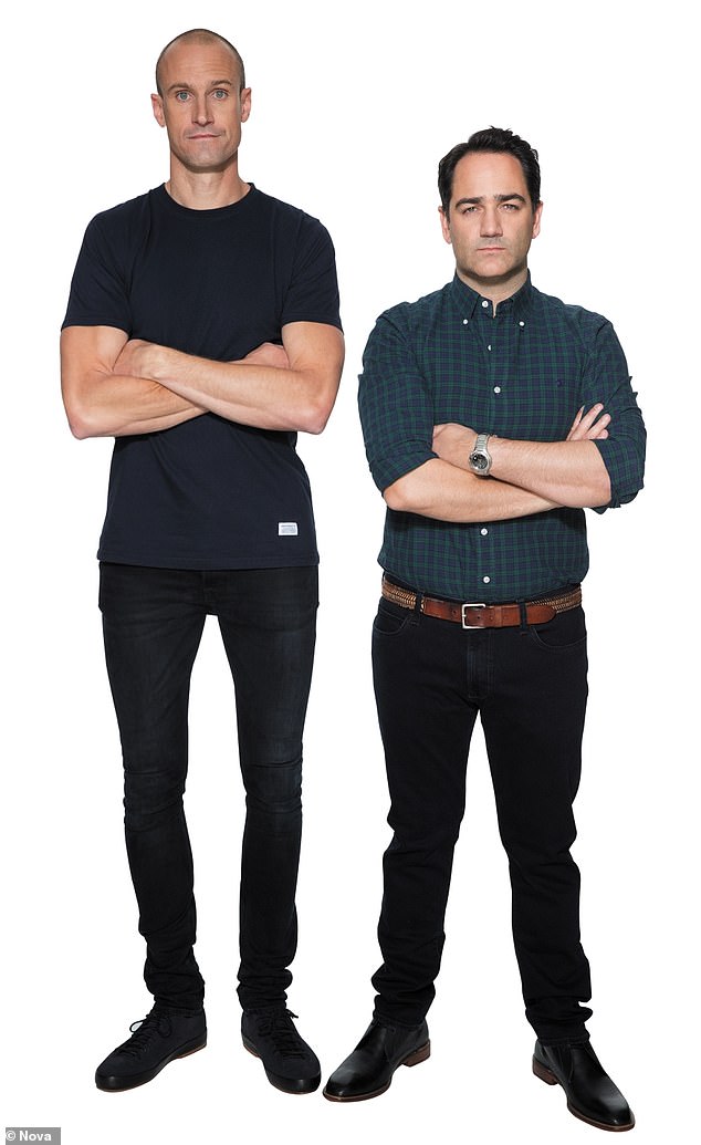 The Block 'quitters' have been accused of slamming the phone during a radio interview with Nova's Fitzy and Wippa this week.  Pictured L-R Ryan 'Fitzy' Fitzgerald, Michael 'Wippa' Wipfli,