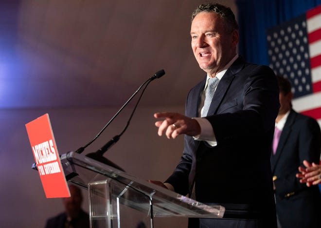 Tim Michels claims victory in the Republican primary for governor Tuesday, Aug. 9, 2022, at Tuscan Hall Venue and Catering in Waukesha, Wis.  He will face Gov.  Tony Evers, a Democrat, in the general election.