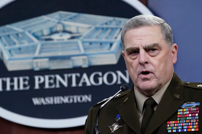In this Sept.  1, 2021, file photo Joint Chiefs of Staff Gen. Mark Milley speaks during a briefing at the Pentagon in Washington about the end of the war in Afghanistan.