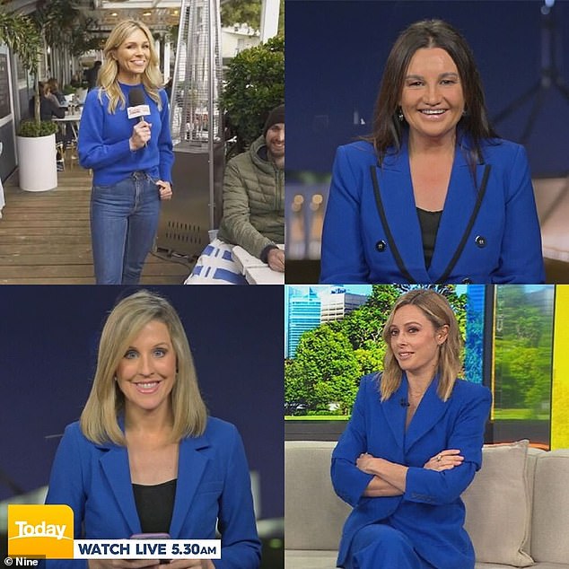Viewers were seeing quadruple on Monday morning when four females sported near-matching blue ensembles on the Today show